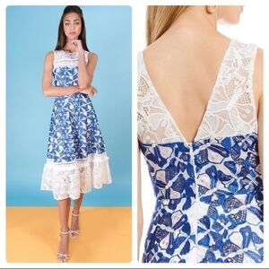Belle Badgley Mischka Blue and White Lace Embroidered Gown Dress